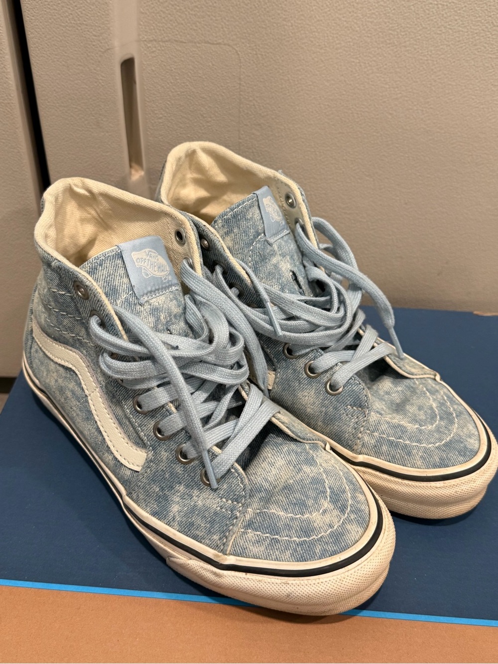 Vans Light Blue Denim High-Top Sneakers with White Side Stripe